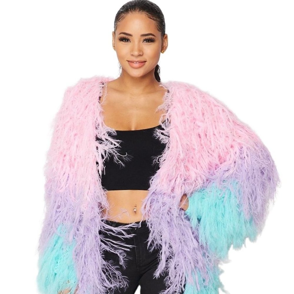 Pastel Ombre Feathered Open-Front Sweater - Pink